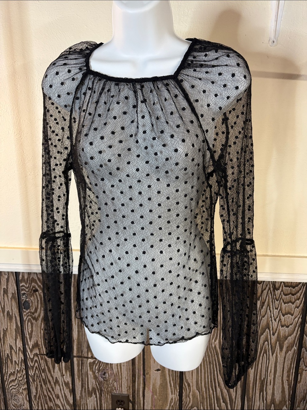 Free People Black Sheer Polka Dot Square Neck Blouse